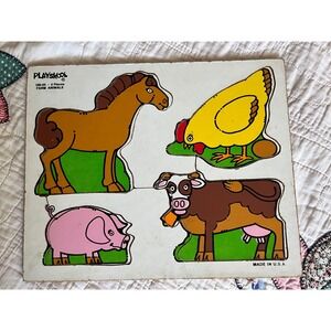 Vintage Playskool Farm Animals Wooden Puzzle 180-05 4 Piece Made in USA Toddler
